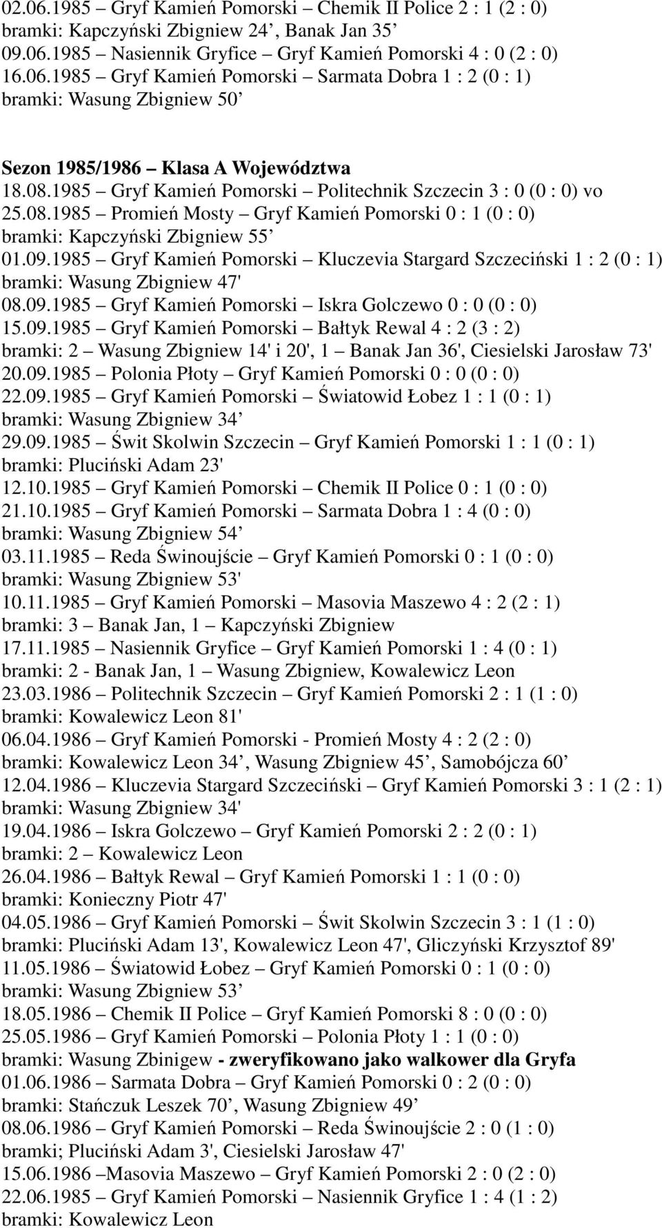 1985 Gryf Kamień Pomorski Kluczevia Stargard Szczeciński 1 : 2 (0 : 1) bramki: Wasung Zbigniew 47' 08.09.