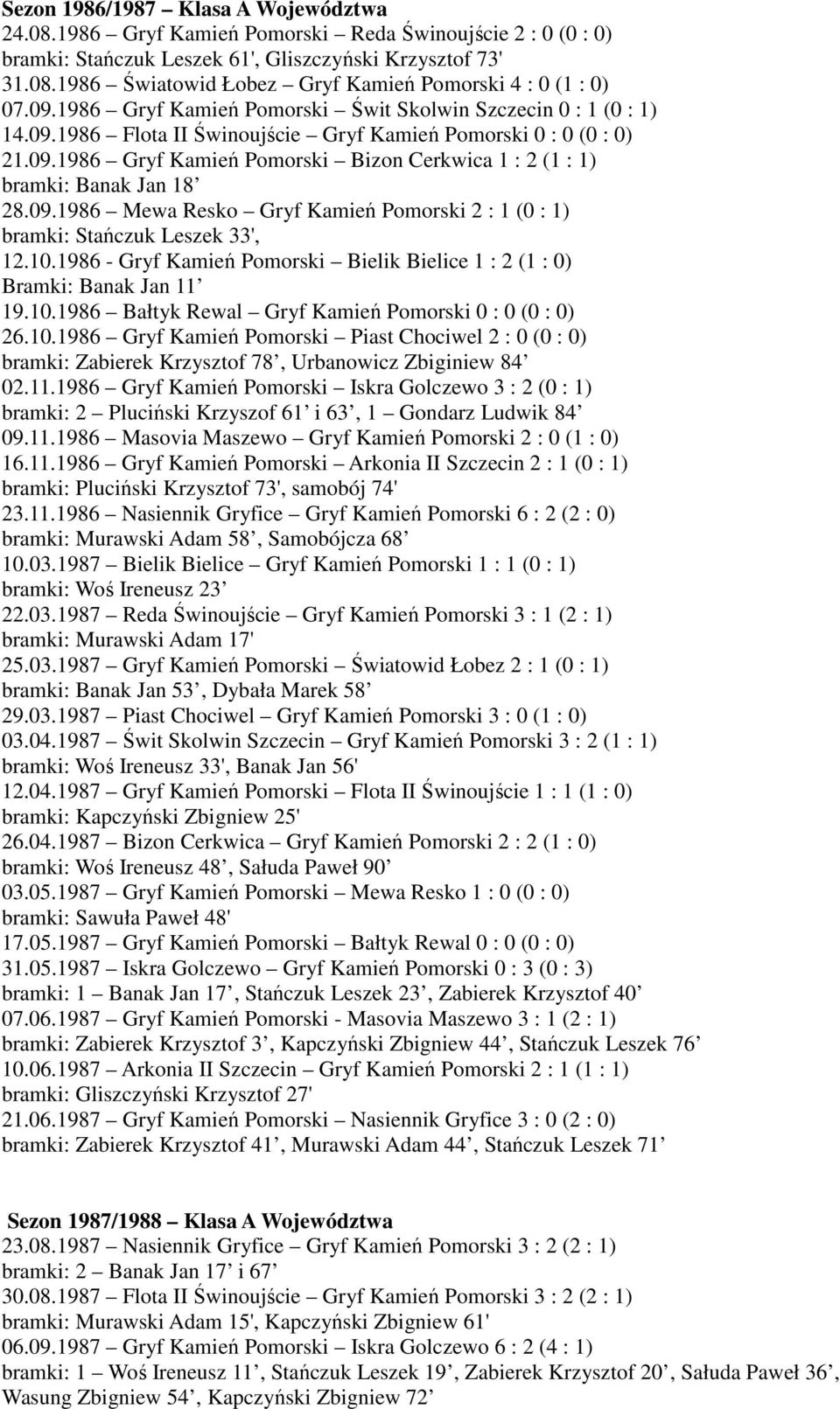 09.1986 Mewa Resko Gryf Kamień Pomorski 2 : 1 (0 : 1) bramki: Stańczuk Leszek 33', 12.10.1986 - Gryf Kamień Pomorski Bielik Bielice 1 : 2 (1 : 0) Bramki: Banak Jan 11 19.10.1986 Bałtyk Rewal Gryf Kamień Pomorski 0 : 0 (0 : 0) 26.