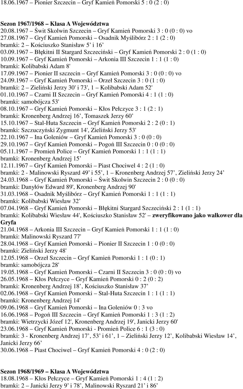 1967 Błękitni II Stargard Szczeciński Gryf Kamień Pomorski 2 : 0 (1 : 0) 10.09.1967 Gryf Kamień Pomorski Arkonia III Szczecin 1 : 1 (1 : 0) bramki: Kolibabski Adam 8' 17.09.1967 Pionier II szczecin Gryf Kamień Pomorski 3 : 0 (0 : 0) vo 24.