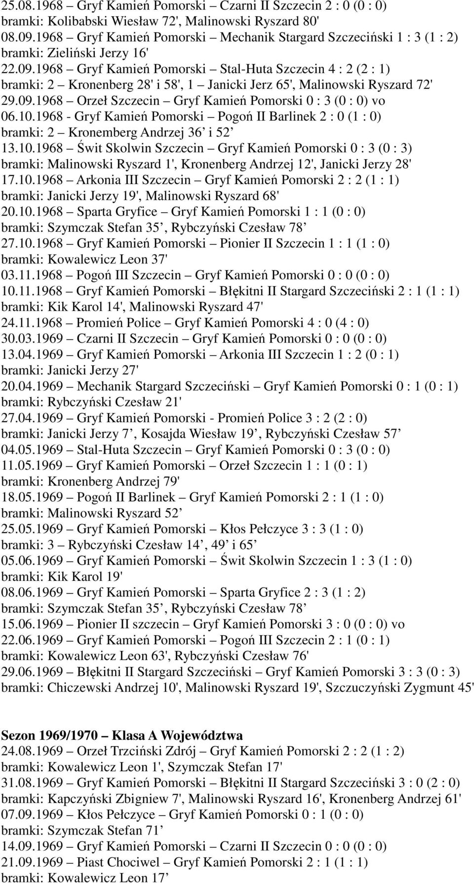 1968 Gryf Kamień Pomorski Stal-Huta Szczecin 4 : 2 (2 : 1) bramki: 2 Kronenberg 28' i 58', 1 Janicki Jerz 65', Malinowski Ryszard 72' 29.09.