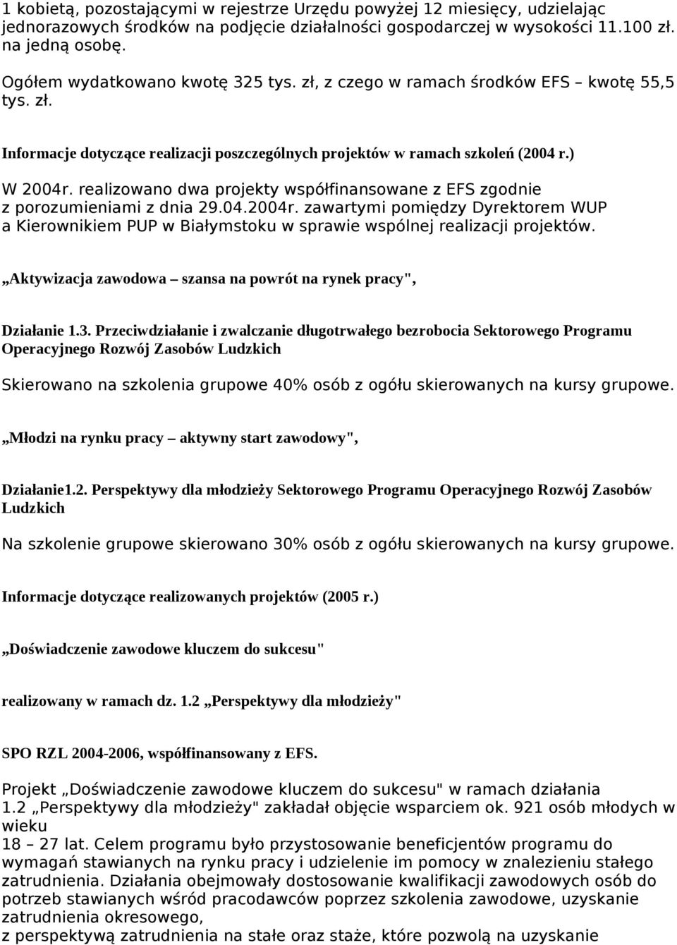 realizowano dwa projekty współfinansowane z EFS zgodnie z porozumieniami z dnia 29.04.2004r. zawartymi pomiędzy Dyrektorem WUP a Kierownikiem PUP w Białymstoku w sprawie wspólnej realizacji projektów.