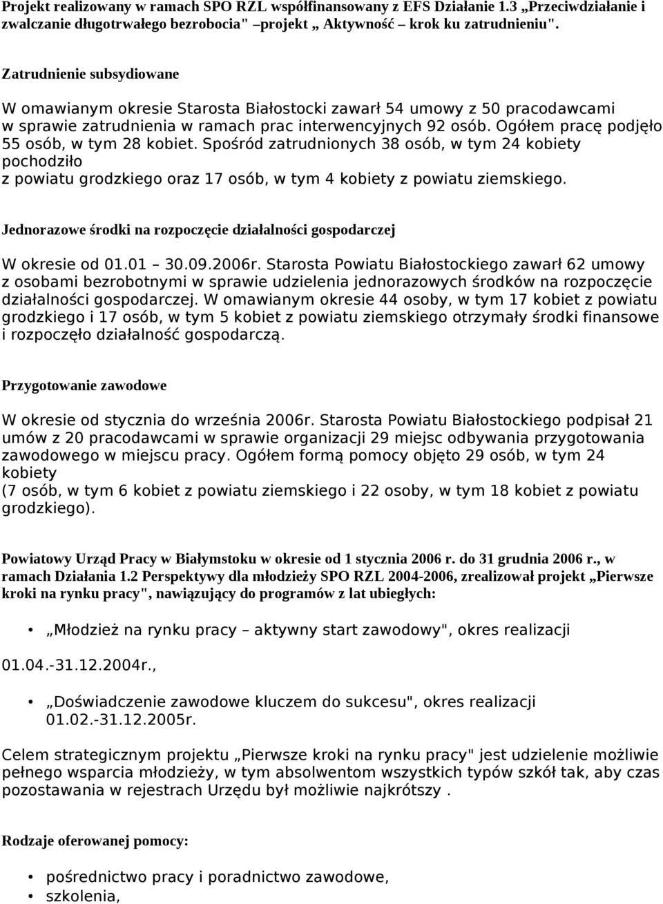 Ogółem pracę podjęło 55 osób, w tym 28 kobiet. Spośród zatrudnionych 38 osób, w tym 24 kobiety pochodziło z powiatu grodzkiego oraz 17 osób, w tym 4 kobiety z powiatu ziemskiego.