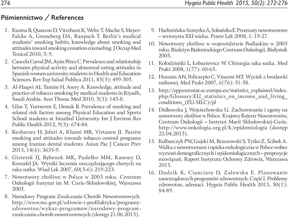 Prevalence and relationship between physical activity and abnormal eating attitudes in Spanish women university students in Health and Education Sciences. Rev Esp Salud Publica 2011, 85(5): 499-505.
