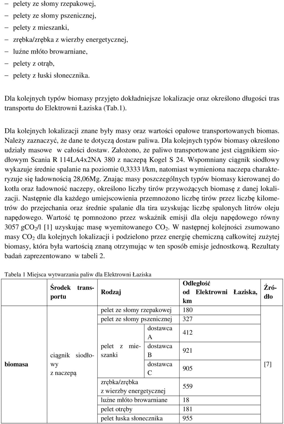 Dla kolejnych lokalizacji znane były masy oraz wartości opałowe transportowanych biomas. Należy zaznaczyć, że dane te dotyczą dostaw paliwa.