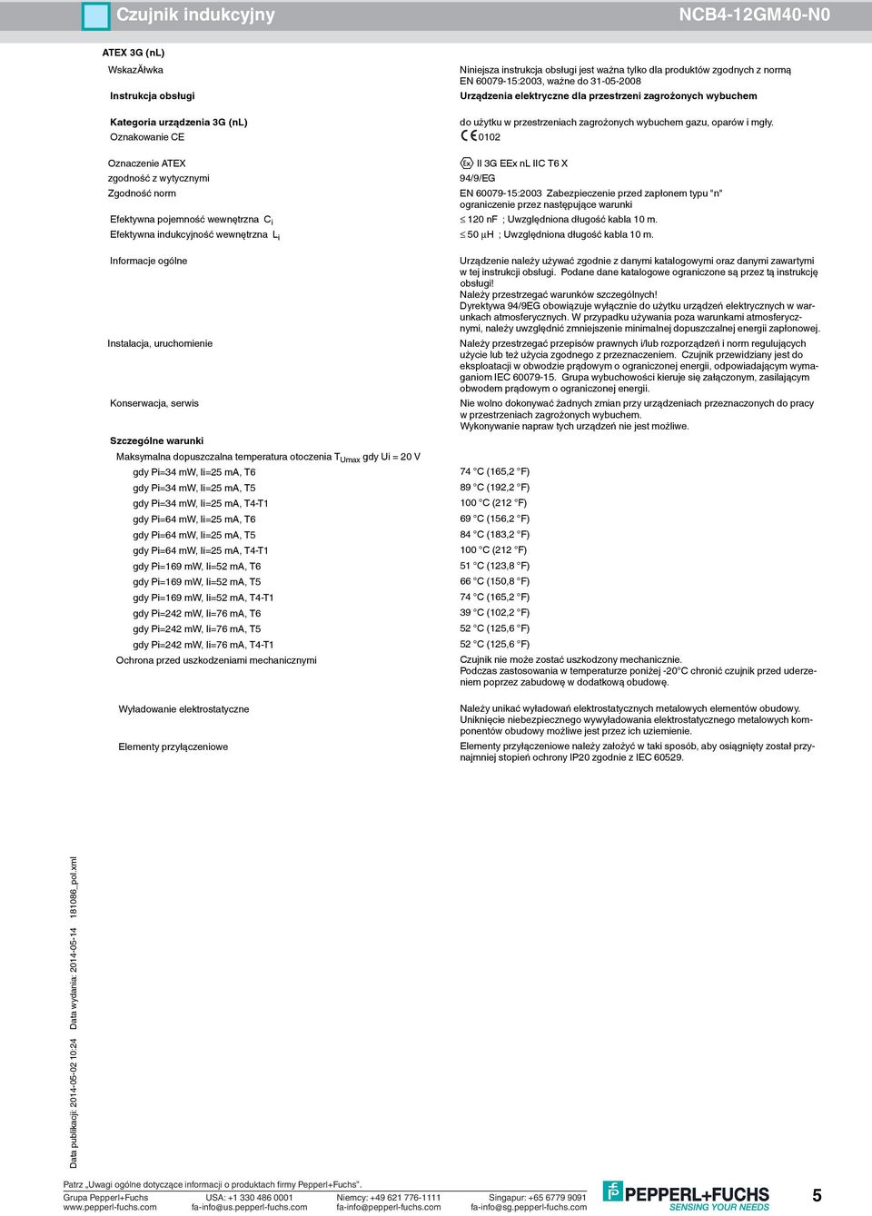 Zgodność norm II 3G EEx nl IIC T6 X EN 60079-15:2003 Zabezpieczenie przed zapłonem typu "n" Maksymalna dopuszczalna temperatura otoczenia T Umax gdy Ui = 20 V gdy Pi=34 mw, Ii=25 ma, T6 gdy Pi=34 mw,