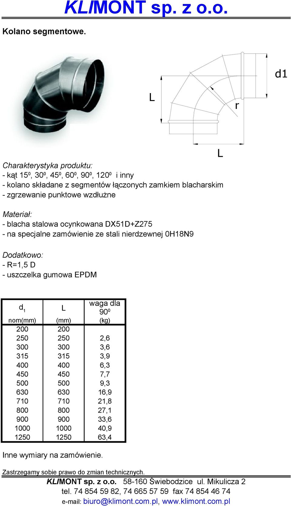 waga dla 1 90 0 nom(mm) (mm) (kg) 200 200 250 250 2,6 300 300 3,6 315 315 3,9 400 400 6,3 450 450 7,7 500 500