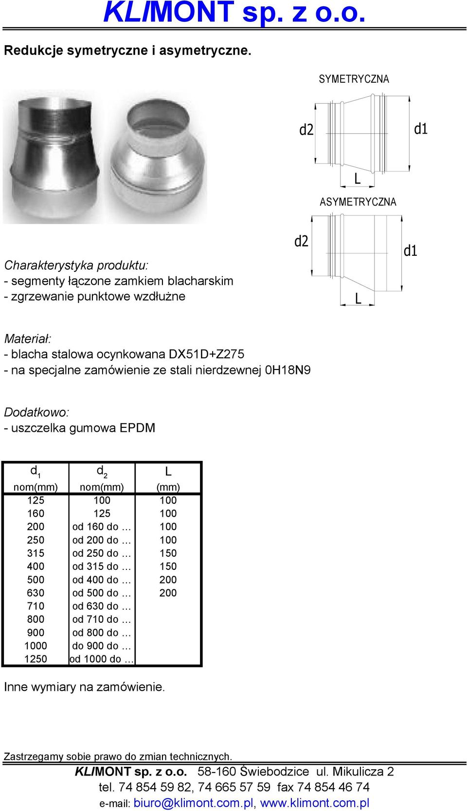 uszczelka gumowa EPDM d 1 d 2 nom(mm) nom(mm) (mm) 125 100 100 160 125 100 200 od 160 do 100 250 od 200 do 100