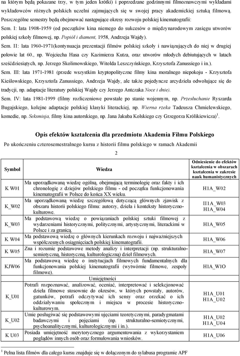 I: lata 1908-1959 (od początków kina niemego do sukcesów o międzynarodowym zasięgu utworów polskiej szkoły filmowej, np. Popiół i diament, 1958, Andrzeja Wajdy). Sem.
