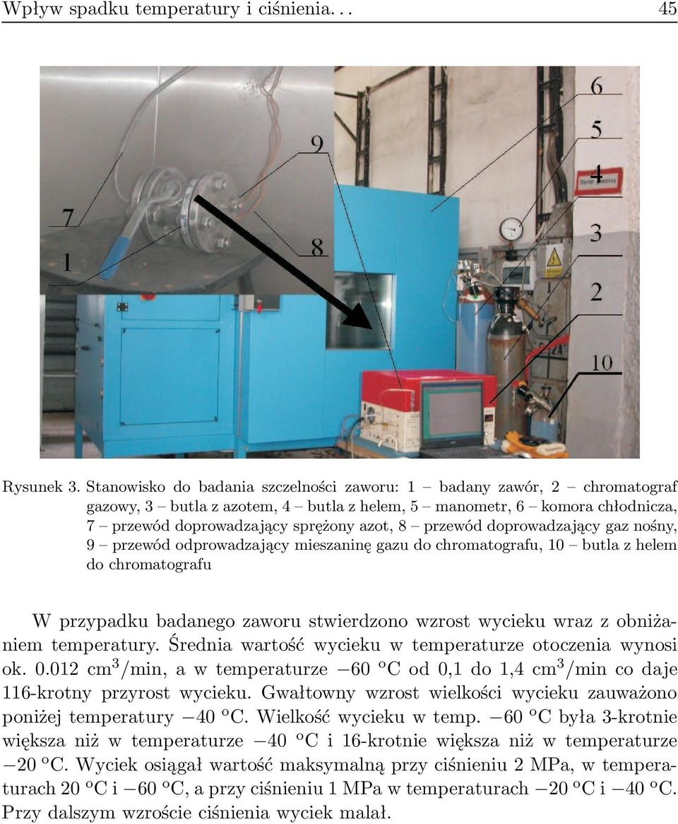 doprowadzający gaz nośny, 9 przewód odprowadzający mieszaninę gazu do chromatografu, 10 butla z helem do chromatografu W przypadku badanego zaworu stwierdzono wzrost wycieku wraz z obniżaniem