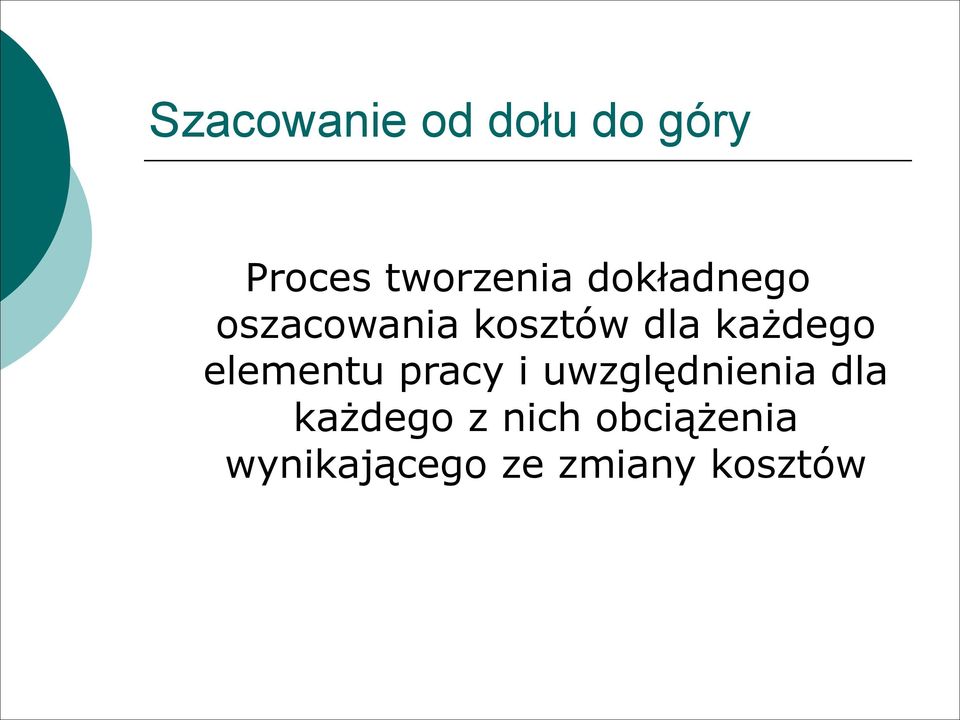 kosztów dla każdego elementu pracy i
