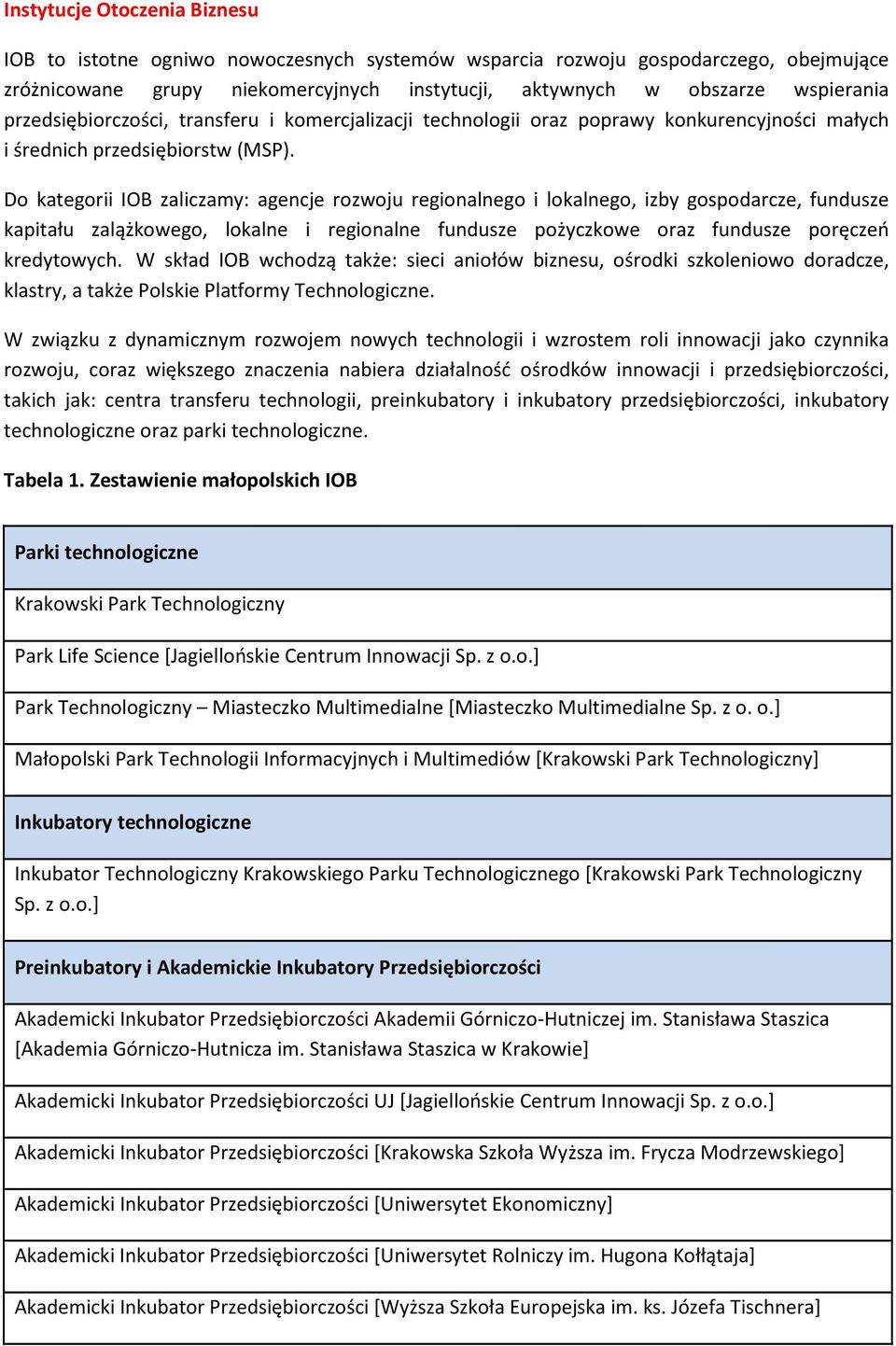 Do kategorii IOB zaliczamy: agencje rozwoju regionalnego i lokalnego, izby gospodarcze, fundusze kapitału zalążkowego, lokalne i regionalne fundusze pożyczkowe oraz fundusze poręczeń kredytowych.