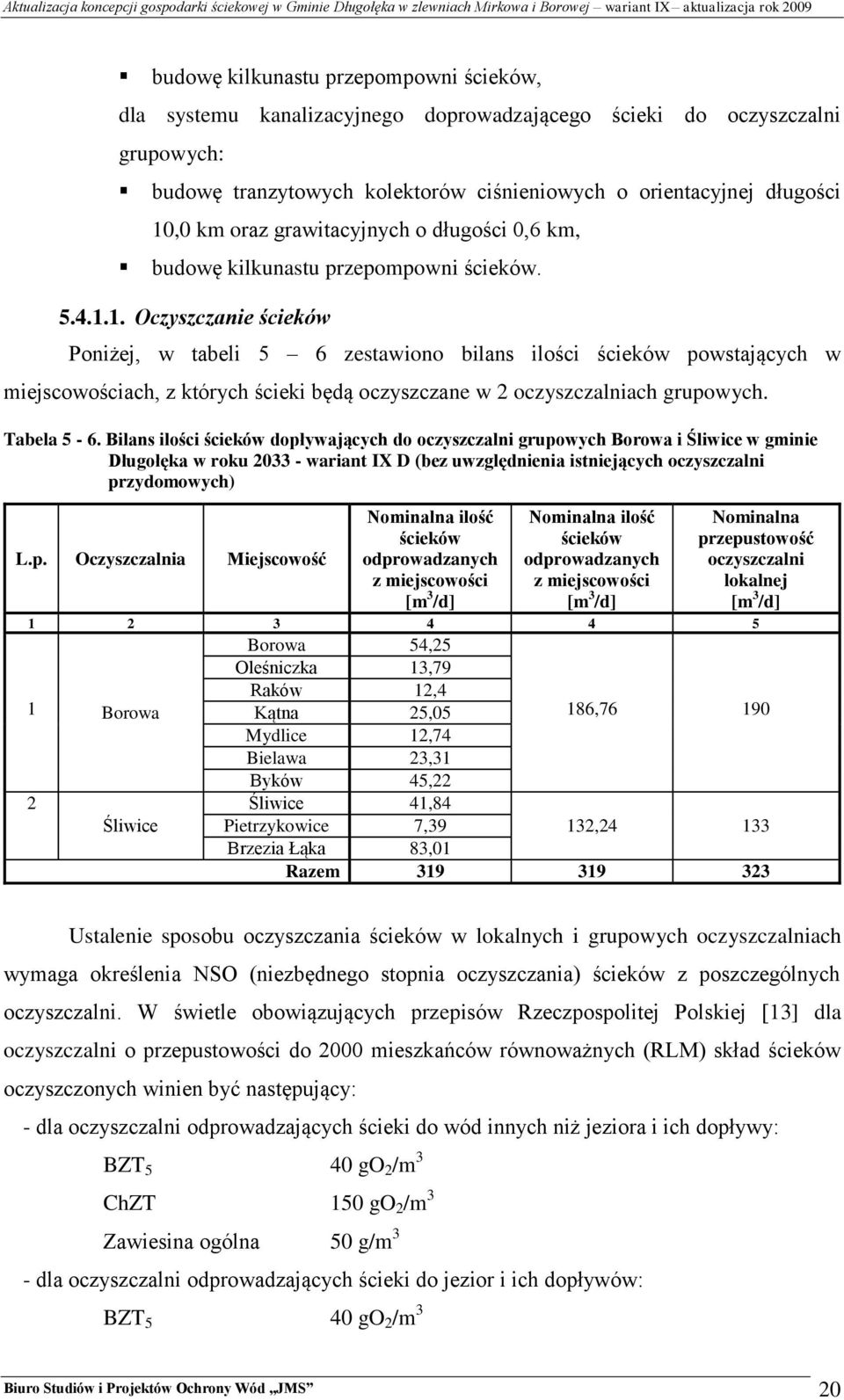 1. Oczyszczanie ścieków Poniżej, w tabeli 5 6 zestawiono bilans ilości ścieków powstających w miejscowościach, z których ścieki będą oczyszczane w 2 oczyszczalniach grupowych. Tabela 5-6.
