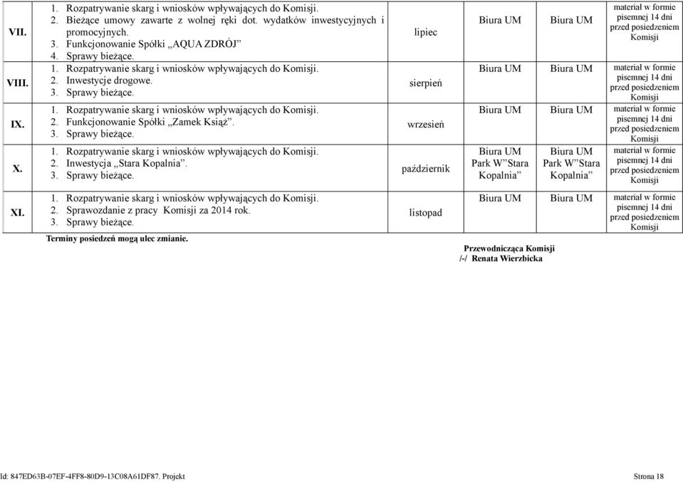 1. Rozpatrywanie skarg i wniosków wpływających do. 2. Inwestycja Stara Kopalnia. lipiec sierpień wrzesień październik Park W Stara Kopalnia Park W Stara Kopalnia XI. 1.