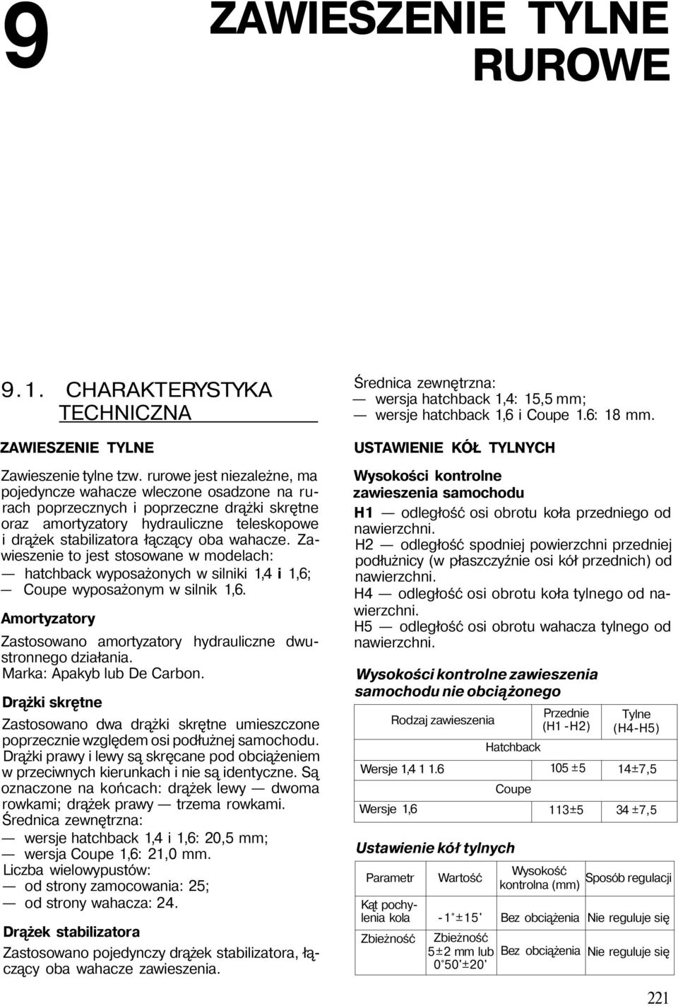 wahacze. Zawieszenie to jest stosowane w modelach: hatchback wyposażonych w silniki 1,4 i 1,6; Coupe wyposażonym w silnik 1,6.