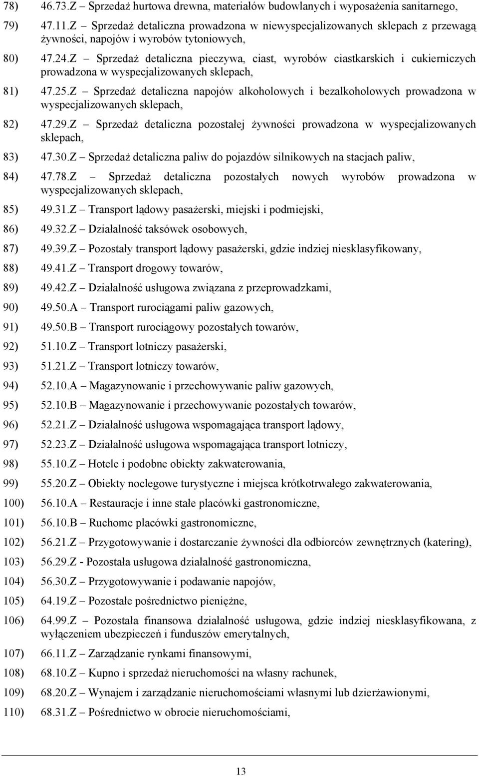 Z Sprzedaż detaliczna pieczywa, ciast, wyrobów ciastkarskich i cukierniczych prowadzona w wyspecjalizowanych sklepach, 81) 47.25.