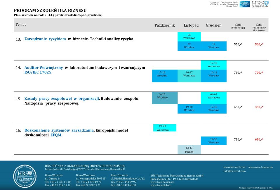 Auditor Wewnętrzny w laboratorium badawczym i wzorcującym ISO/IEC 17025. 17-18 26-27 17-18 750,-* 700,-* 15.
