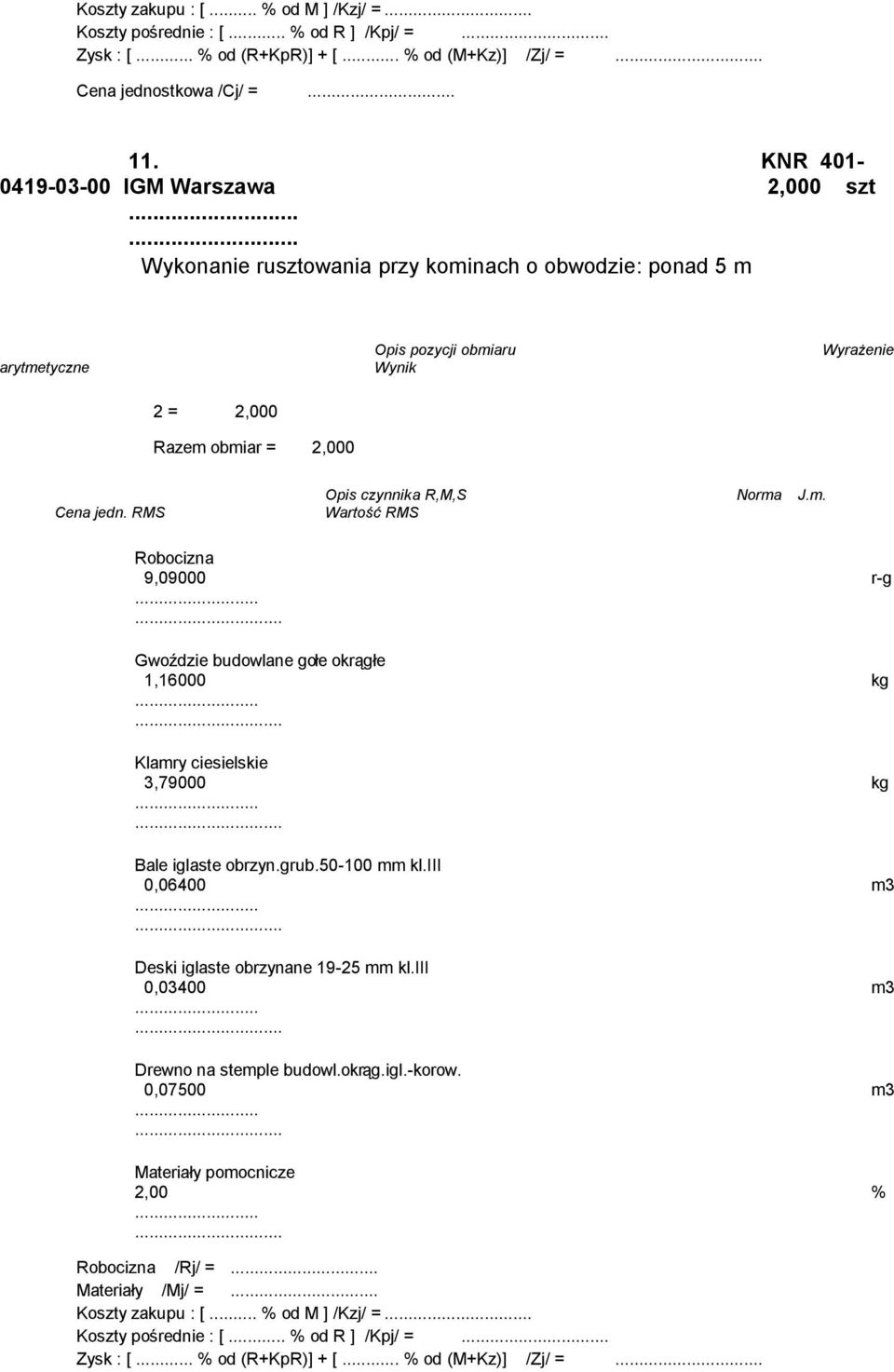... Wykonanie rusztowania przy kominach o obwodzie: ponad 5 m 2 = 2,000 Razem obmiar = 2,000 9,09000 r-g Gwoździe budowlane gołe okrągłe 1,16000 kg Klamry ciesielskie 3,79000