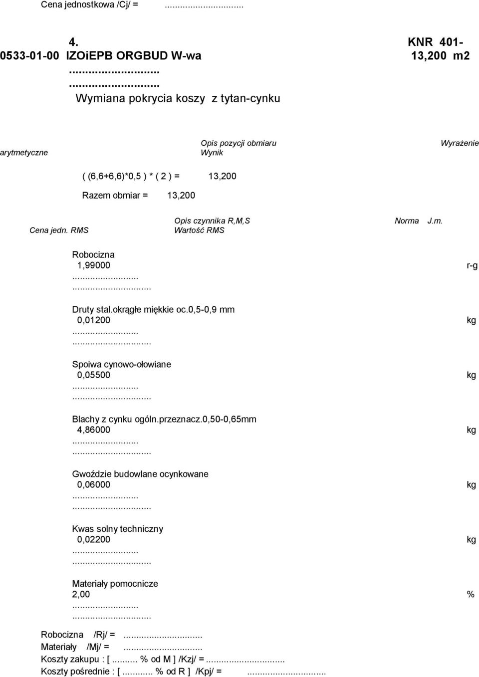 okrągłe miękkie oc.0,5-0,9 mm 0,01200 kg Spoiwa cynowo-ołowiane 0,05500 kg Blachy z cynku ogóln.przeznacz.
