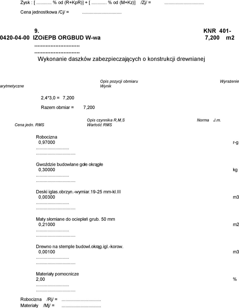 ... Wykonanie daszków zabezpieczających o konstrukcji drewnianej 2,4*3,0 = 7,200 Razem obmiar = 7,200 0,97000 r-g