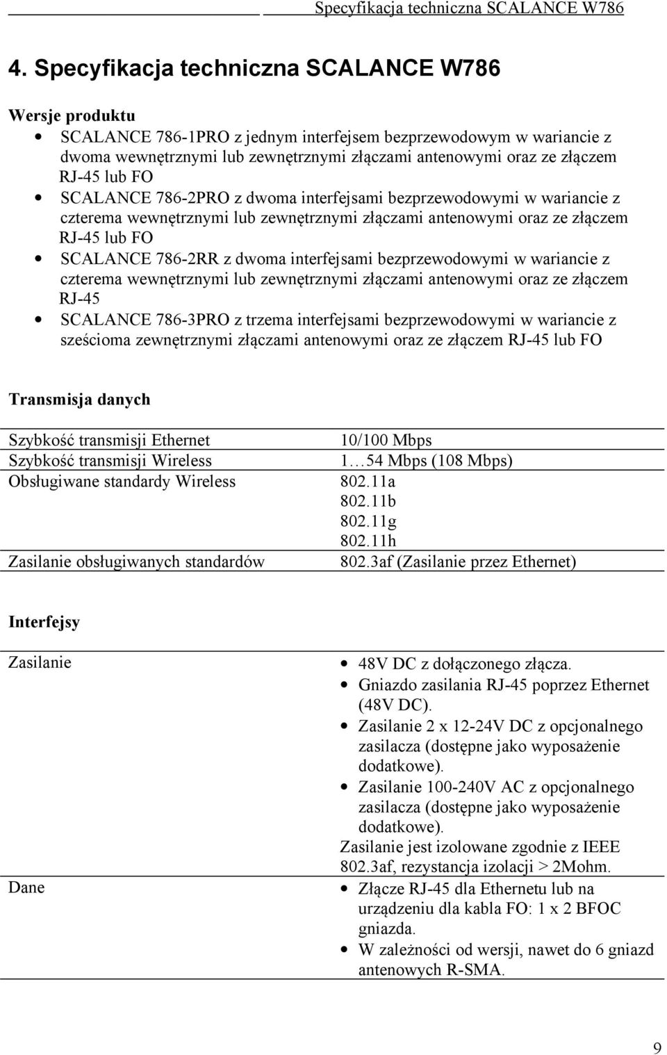 lub FO SCALANCE 786-2PRO z dwoma interfejsami bezprzewodowymi w wariancie z czterema wewnętrznymi lub zewnętrznymi złączami antenowymi oraz ze złączem RJ-45 lub FO SCALANCE 786-2RR z dwoma