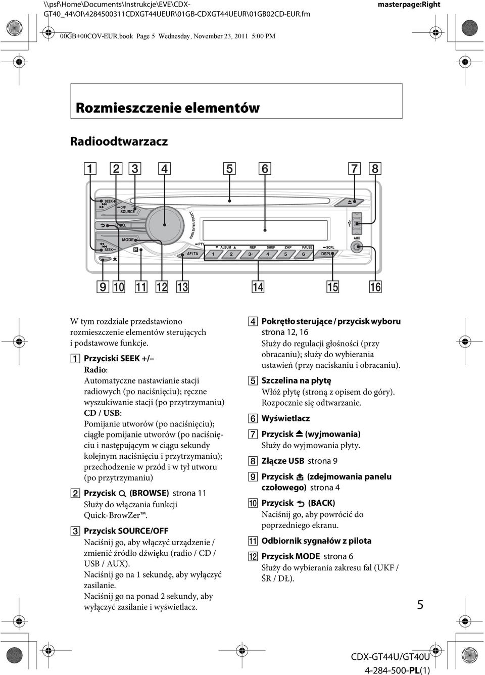 Przyciski SEEK +/ Radio: Automatyczne nastawianie stacji radiowych (po naciśnięciu); ręczne wyszukiwanie stacji (po przytrzymaniu) CD / USB: Pomijanie utworów (po naciśnięciu); ciągłe pomijanie