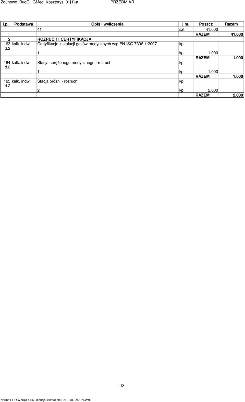 Certyfikacja instalacji gazów edycznych w/g EN ISO 796-:007 kpl d. kpl.000 RAZEM.000 6 kalk. indw.