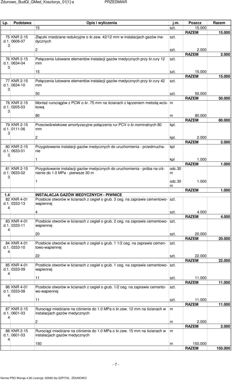 000 Połączenia lutowane eleentów instalacji gazów edycznych przy śr.rury 0 0.000 RAZEM 0.000 MontaŜ rurociągów z PCW o śr. 7 na ścianach z łączenie etodą wciskową 80 80.000 RAZEM 80.