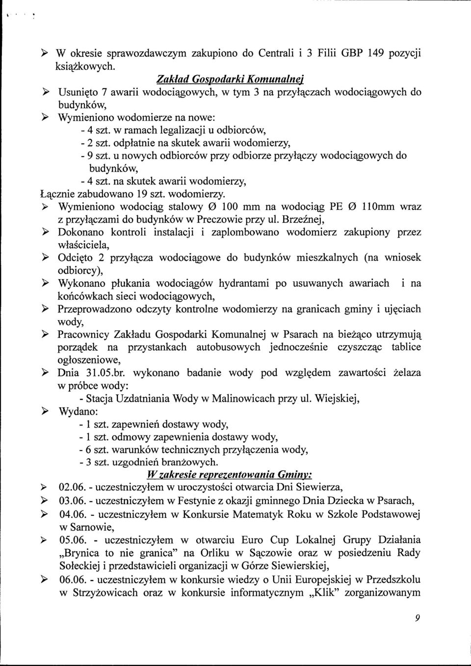 odplatnie na skutek awarii wodomierzy, - 9 szt. u nowych odbiorcow przy odbiorze przylajczy wodociqgowych do budynkow, - 4 szt. na skutek awarii wodomierzy, Lajsznie zabudowano 19 szt. wodomierzy. > Wymieniono wodociaj* stalowy 0 100 mm na wodociaj* PE 0 110mm wraz z przylajczami do budynkow w Preczowie przy ul.