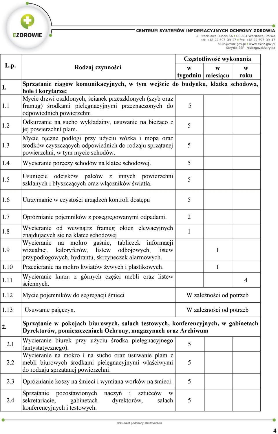 przeszklonych (szyb oraz framug) środkami pielęgnacyjnymi przeznaczonych do odpowiednich powierzchni Odkurzanie na sucho wykładziny, usuwanie na bieżąco z jej powierzchni plam.