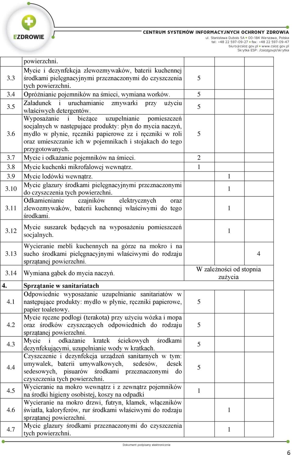 6 socjalnych w następujące produkty: płyn do mycia naczyń, mydło w płynie, ręczniki papierowe zz i ręczniki w roli oraz umieszczanie ich w pojemnikach i stojakach do tego przygotowanych. 3.