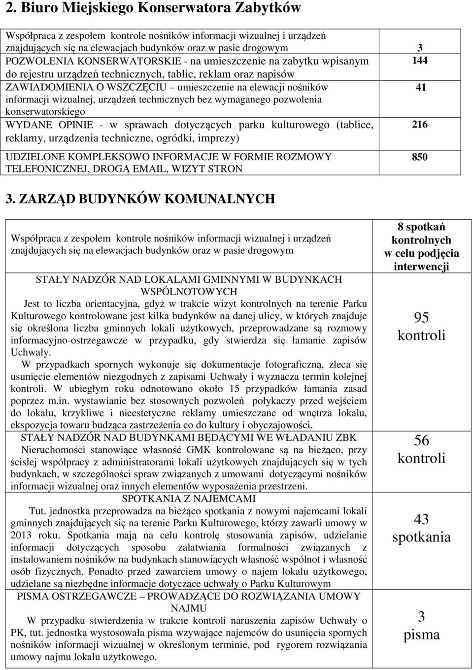 technicznych bez wymaganego pozwolenia konserwatorskiego WYDANE OPINIE - w sprawach dotyczących parku kulturowego (tablice, 216 reklamy, urządzenia techniczne, ogródki, imprezy) UDZIELONE KOMPLEKSOWO