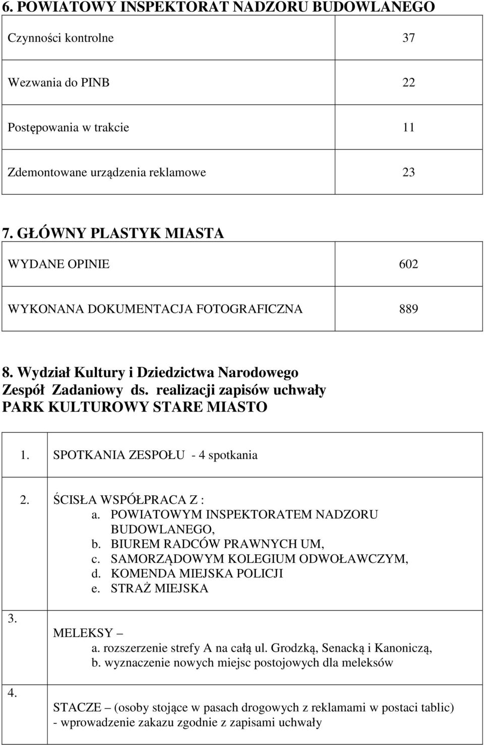 realizacji zapisów uchwały PARK KULTUROWY STARE MIASTO 1. SPOTKANIA ZESPOŁU - 4 spotkania 2. ŚCISŁA WSPÓŁPRACA Z : a. POWIATOWYM INSPEKTORATEM NADZORU BUDOWLANEGO, b. BIUREM RADCÓW PRAWNYCH UM, c.