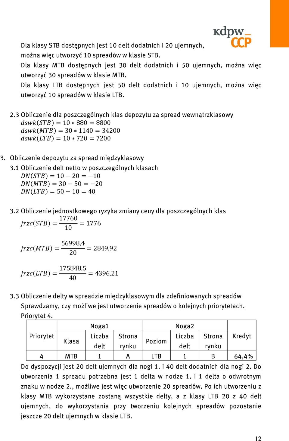 Dla klasy LTB dostępnych jest 50 delt dodatnich i 10 ujemnych, można więc utworzyć 10 spreadów w klasie LTB. 2.3 Obliczenie dla poszczególnych klas depozytu za spread wewnątrzklasowy 3.