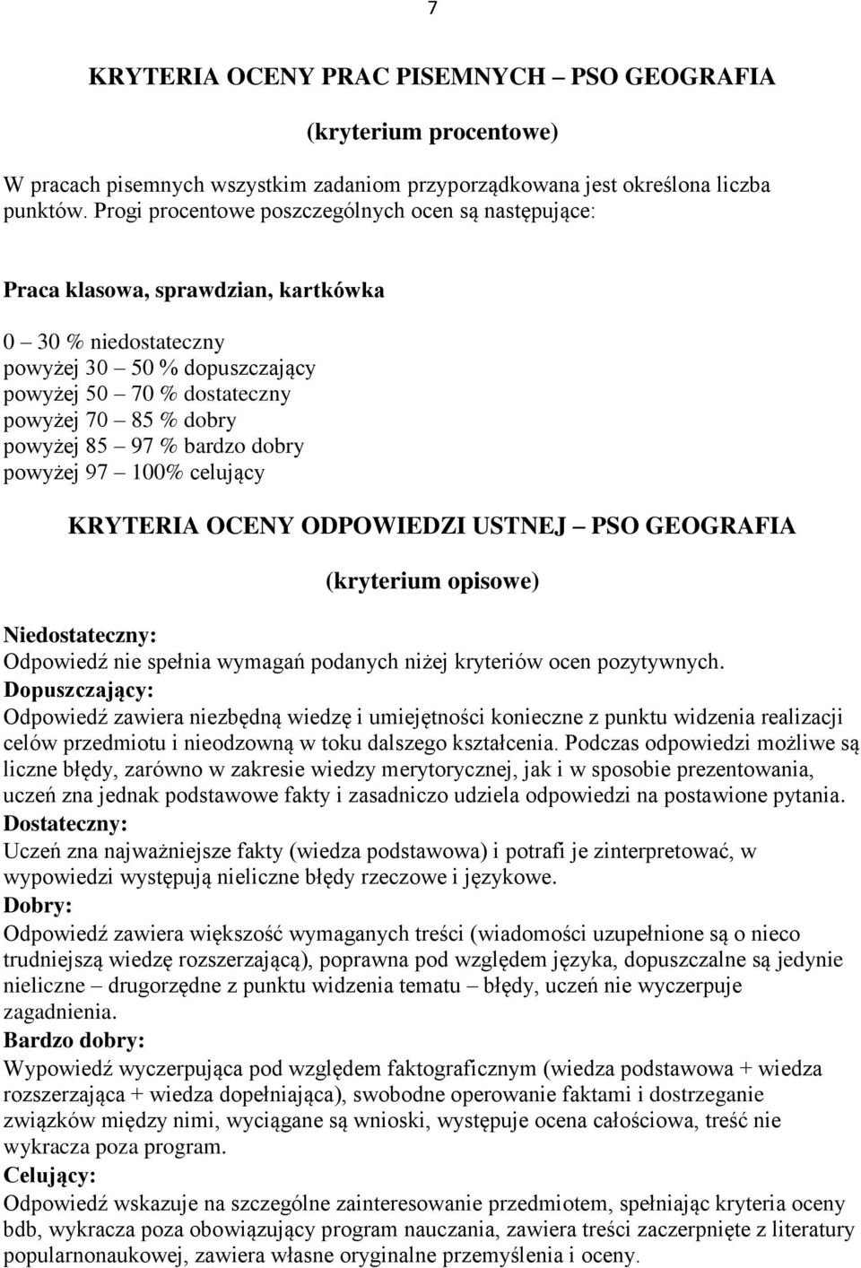 85 97 % bardzo dobry powyżej 97 100% celujący KRYTERIA OCENY ODPOWIEDZI USTNEJ PSO GEOGRAFIA Niedostateczny: Odpowiedź nie spełnia wymagań podanych niżej kryteriów ocen pozytywnych.