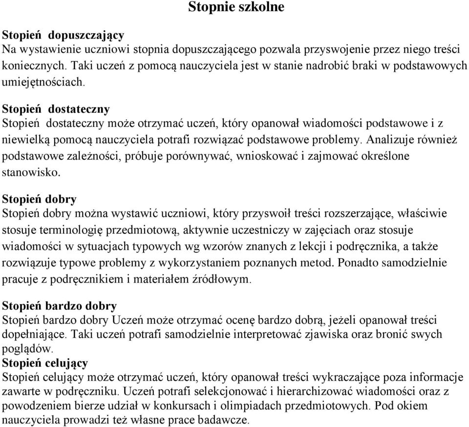 Stopień dostateczny Stopień dostateczny może otrzymać uczeń, który opanował wiadomości podstawowe i z niewielką pomocą nauczyciela potrafi rozwiązać podstawowe problemy.