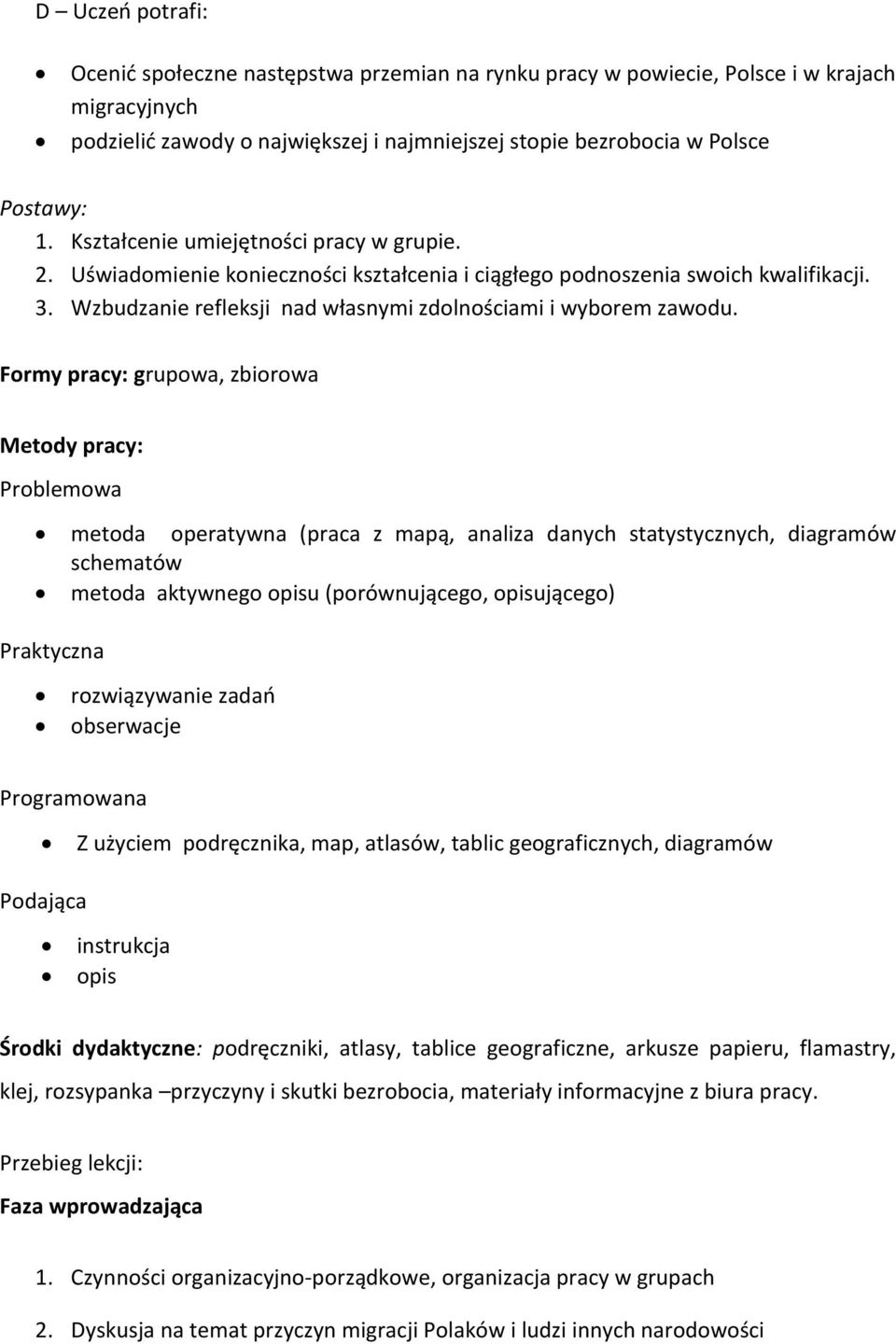 Formy pracy: grupowa, zbiorowa Metody pracy: Problemowa metoda operatywna (praca z mapą, analiza danych statystycznych, diagramów schematów metoda aktywnego opisu (porównującego, opisującego)