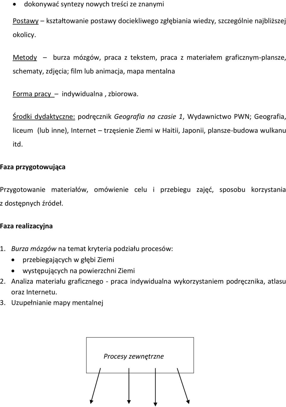 Środki dydaktyczne: podręcznik Geografia na czasie 1, Wydawnictwo PWN; Geografia, liceum (lub inne), Internet trzęsienie Ziemi w Haitii, Japonii, plansze-budowa wulkanu itd.