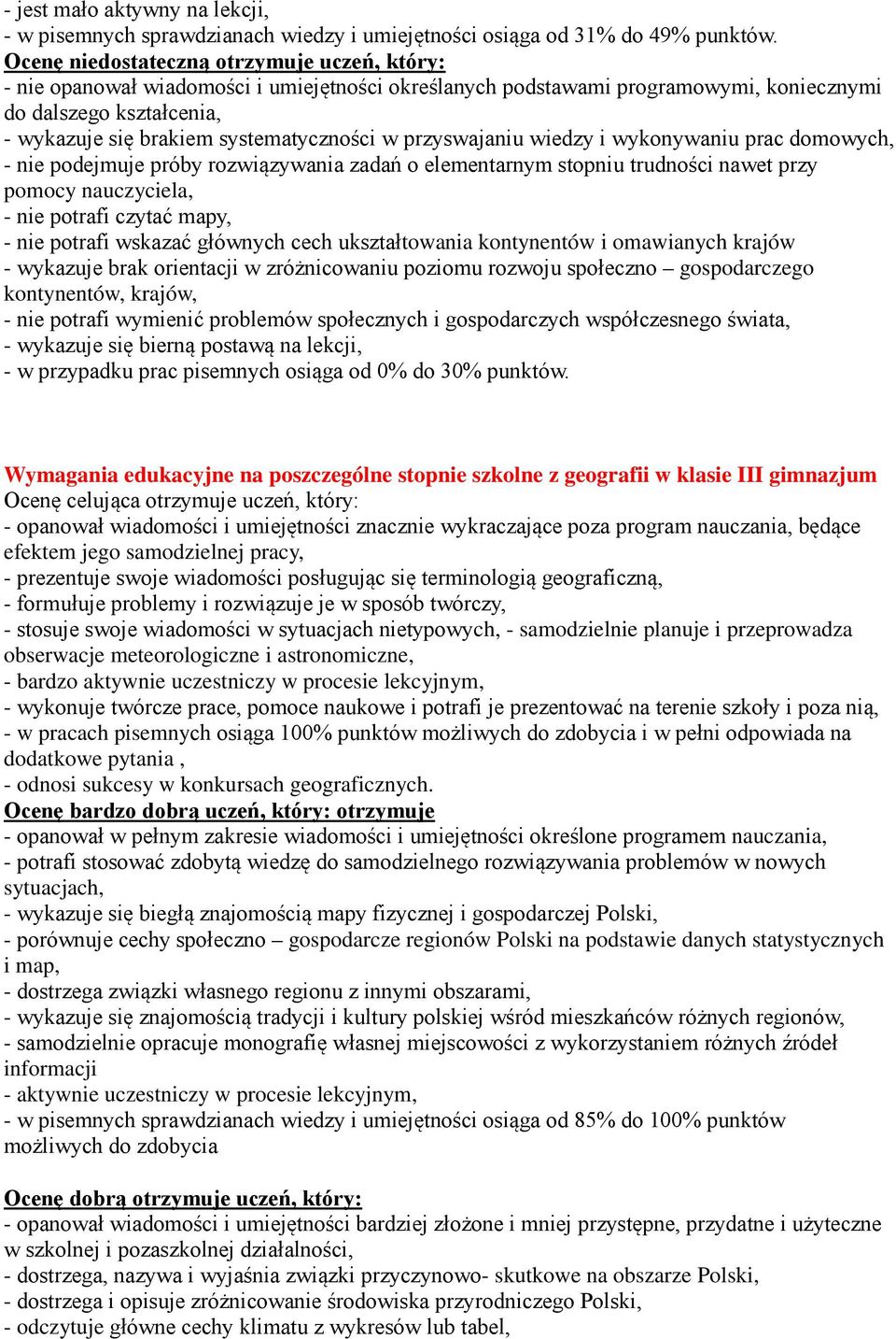 w przyswajaniu wiedzy i wykonywaniu prac domowych, - nie podejmuje próby rozwiązywania zadań o elementarnym stopniu trudności nawet przy pomocy nauczyciela, - nie potrafi czytać mapy, - nie potrafi