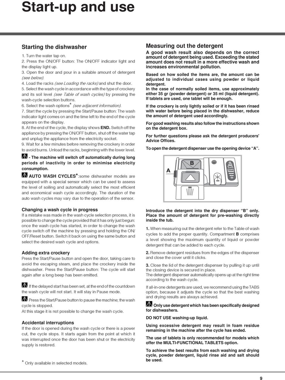 Select the wash cycle in accordance with the type of crockery and its soil level (see Table of wash cycles) by pressing the wash-cycle selection buttons. 6.