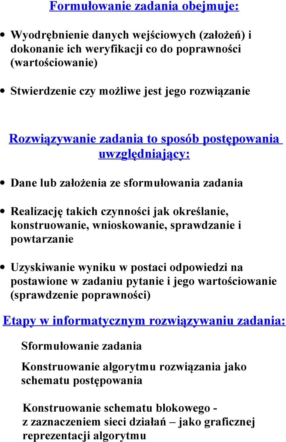 sprawdzanie i powtarzanie Uzyskiwanie wyniku w postaci odpowiedzi na postawione w zadaniu pytanie i jego wartościowanie (sprawdzenie poprawności) Etapy w informatycznym rozwiązywaniu