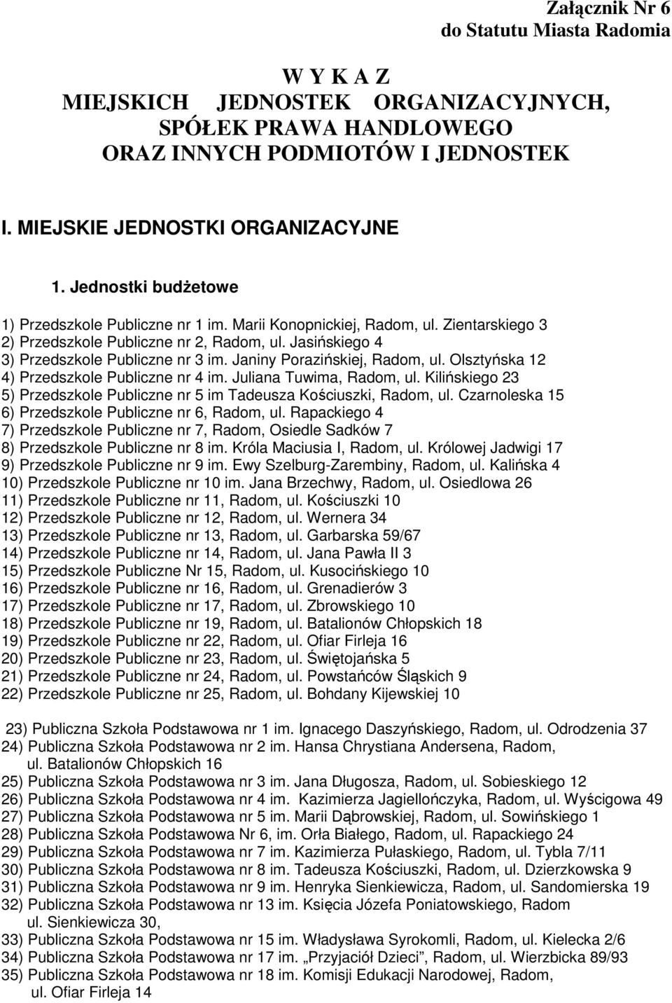 Janiny Porazińskiej, Radom, ul. Olsztyńska 12 4) Przedszkole Publiczne nr 4 im. Juliana Tuwima, Radom, ul. Kilińskiego 23 5) Przedszkole Publiczne nr 5 im Tadeusza Kościuszki, Radom, ul.