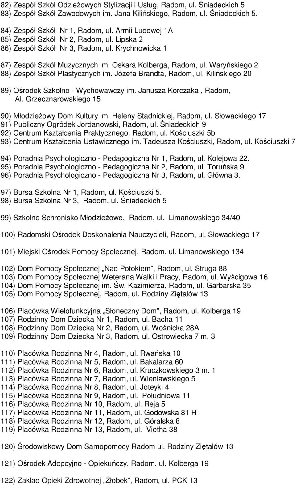 Waryńskiego 2 88) Zespół Szkół Plastycznych im. Józefa Brandta, Radom, ul. Kilińskiego 20 89) Ośrodek Szkolno - Wychowawczy im. Janusza Korczaka, Radom, Al.