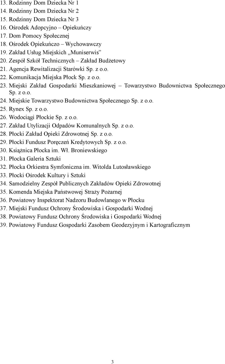 Miejski Zakład Gospodarki Mieszkaniowej Towarzystwo Budownictwa Społecznego Sp. z o.o. 24. Miejskie Towarzystwo Budownictwa Społecznego Sp. z o.o. 25. Rynex Sp. z o.o. 26. Wodociągi Płockie Sp. z o.o. 27.