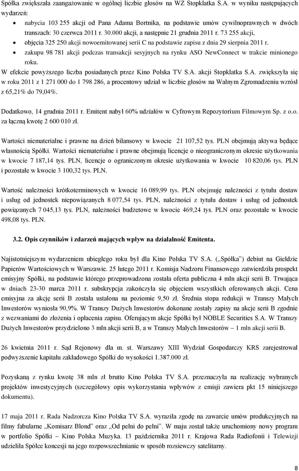 73 255 akcji, objęcia 325 250 akcji nowoemitowanej serii C na podstawie zapisu z dnia 29 sierpnia 2011 r.