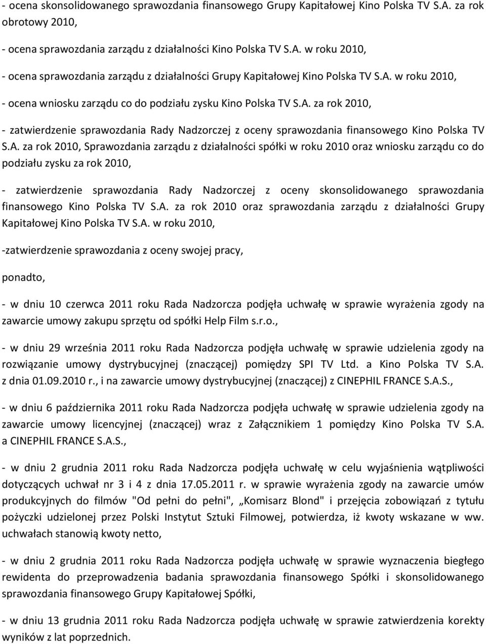 2010, Sprawozdania zarządu z działalności spółki w roku 2010 oraz wniosku zarządu co do podziału zysku za rok 2010, - zatwierdzenie sprawozdania Rady Nadzorczej z oceny skonsolidowanego sprawozdania