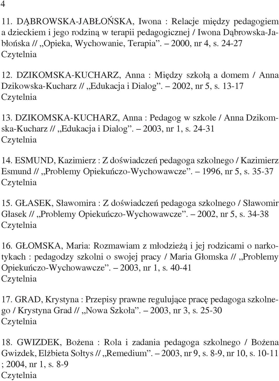 DZIKOMSKA-KUCHARZ, Anna : Pedagog w szkole / Anna Dzikomska-Kucharz // Edukacja i Dialog. 2003, nr 1, s. 24-31 14.