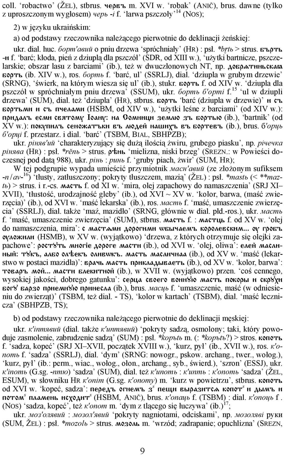 бърть -и f. barć; kłoda, pień z dziuplą dla pszczół (SDR, od XIII w.), użytki bartnicze, pszczelarskie; obszar lasu z barciami (ib.), też w dwuczłonowych NT, np. добр#тиньска" борть (ib. XIV w.), ros.