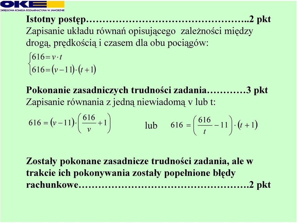 pociągów: 616= v t 616= ( v 11) ( t + 1) Pokonanie zasadniczych trudności zadania 3 pkt Zapisanie