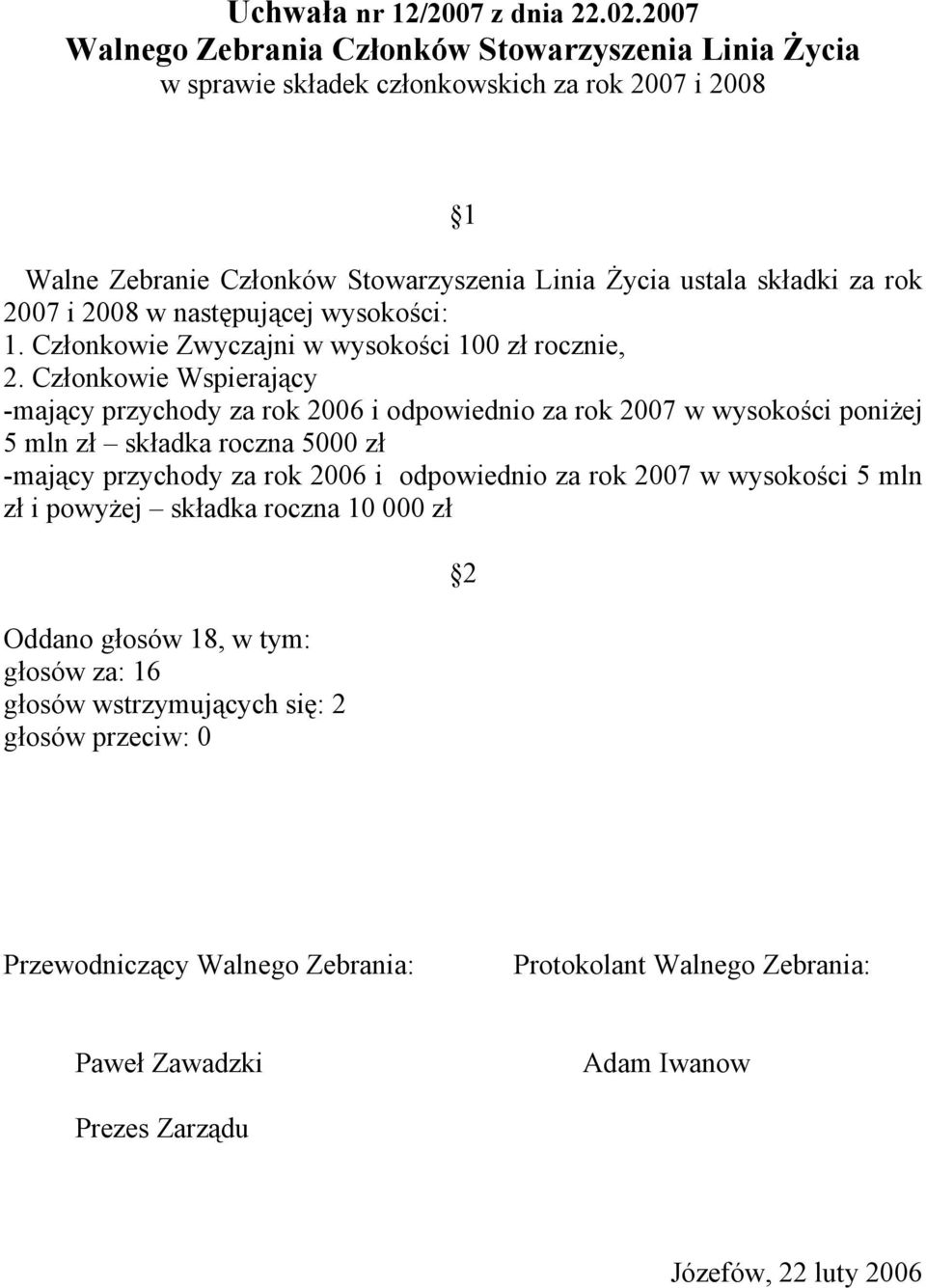 w następującej wysokości: 1. Członkowie Zwyczajni w wysokości 100 zł rocznie, 2.