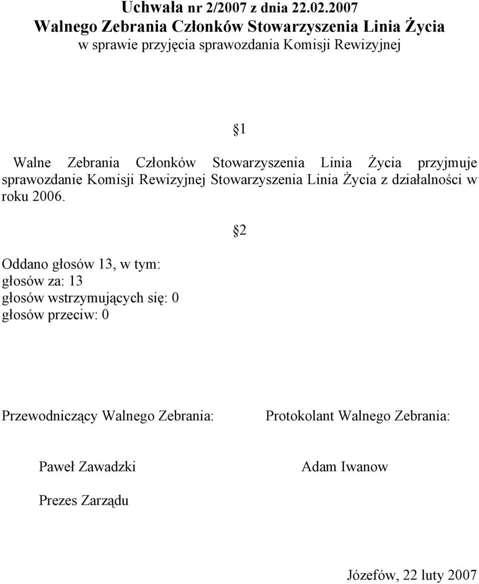 Członków Stowarzyszenia Linia Życia przyjmuje sprawozdanie Komisji